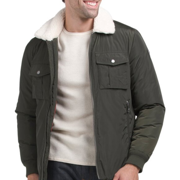 NEWGUESS Faux Sherpa Collar Trucker Jacket Deep Forest for men 462tn